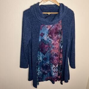 Cal Style Blue Purple Mix Media Print Cowl Neck Tunic Sweater Large